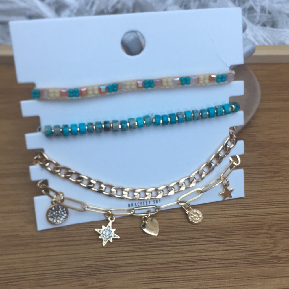 New 4 Piece Turquoise Gold Tone Chain Beads Bracelet Set